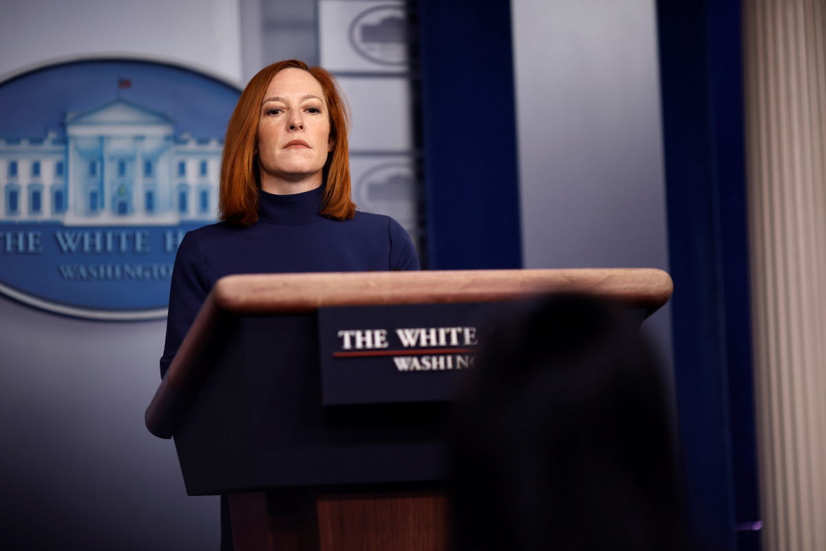 White House Press Secretary Jen Psaki delivers remarks during a press briefing at the White House in Washington, U.S., February 8, 2021. REUTERS/Carlos Barria
