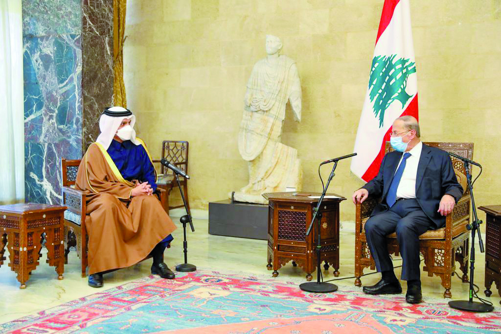 President of the Republic of Lebanon H E General Michel Aoun meeting Qatar's Deputy Prime Minister and Minister of Foreign Affairs H E Sheikh Mohammed bin Abdulrahman Al Thani, in Beirut, yesterday. 