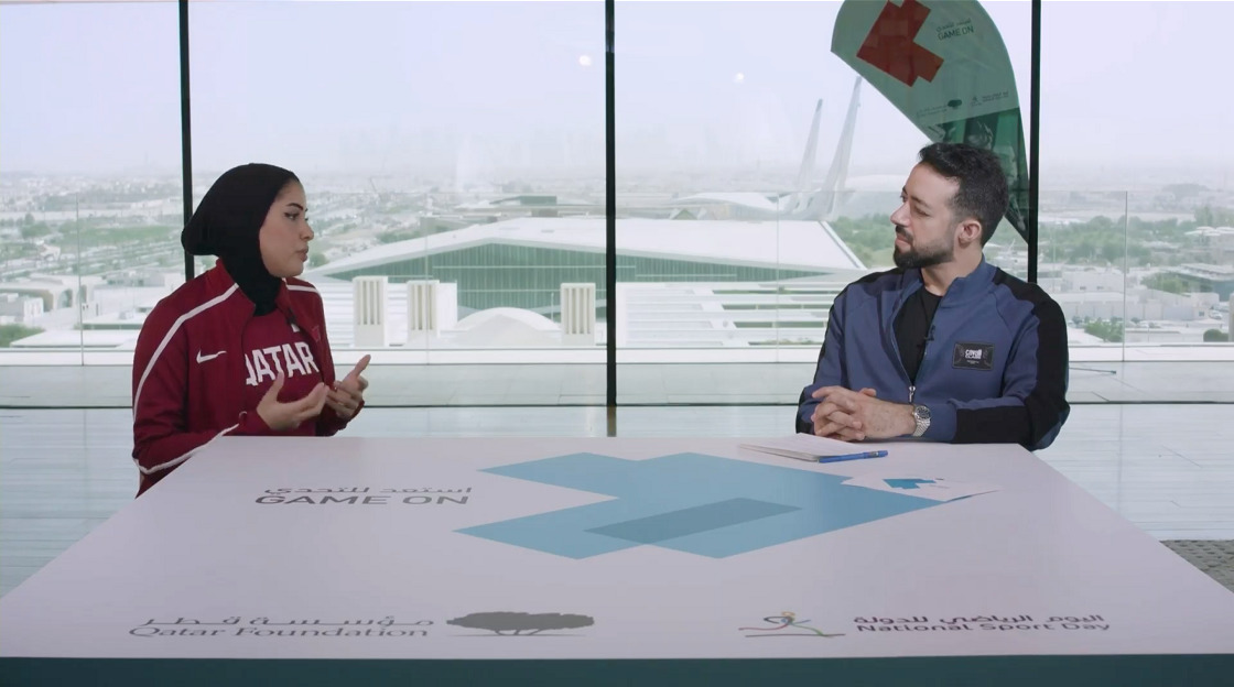 TV personality Khalid Al Jumaily in conversation with  Qatari athlete Mariam Farid during QF’s National Sport Day talks.