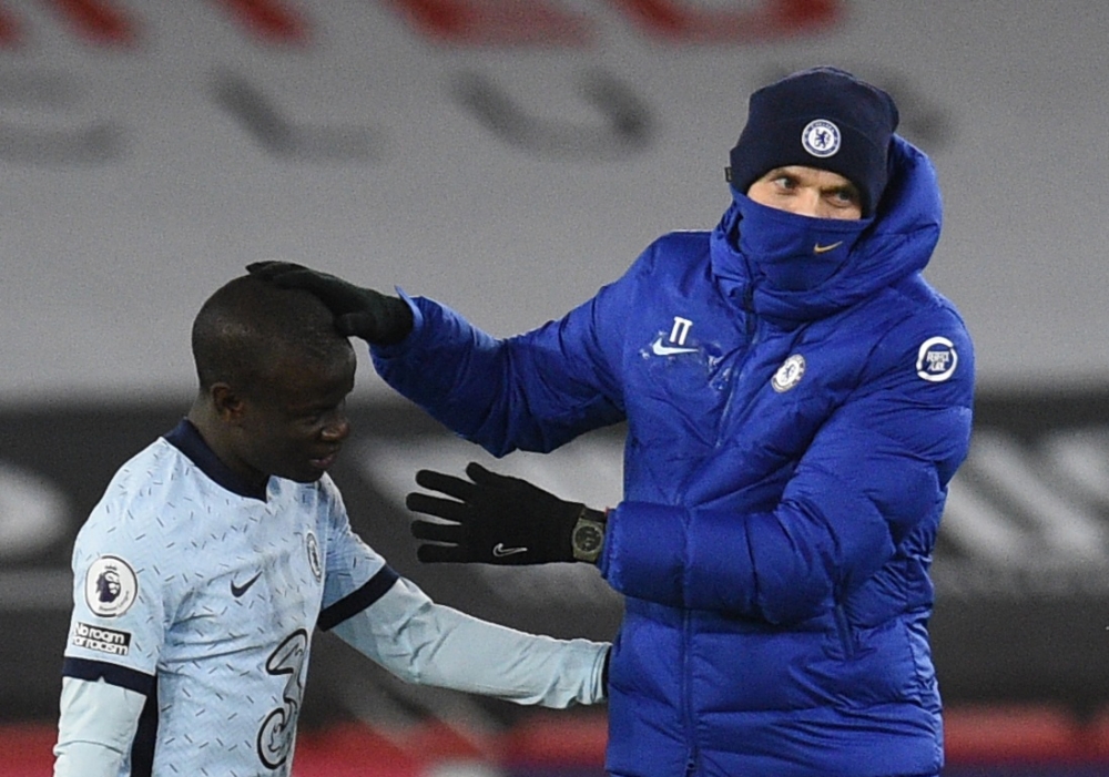 Chelsea manager Thomas Tuchel with N'Golo Kante. REUTERS/Oli Scarff 