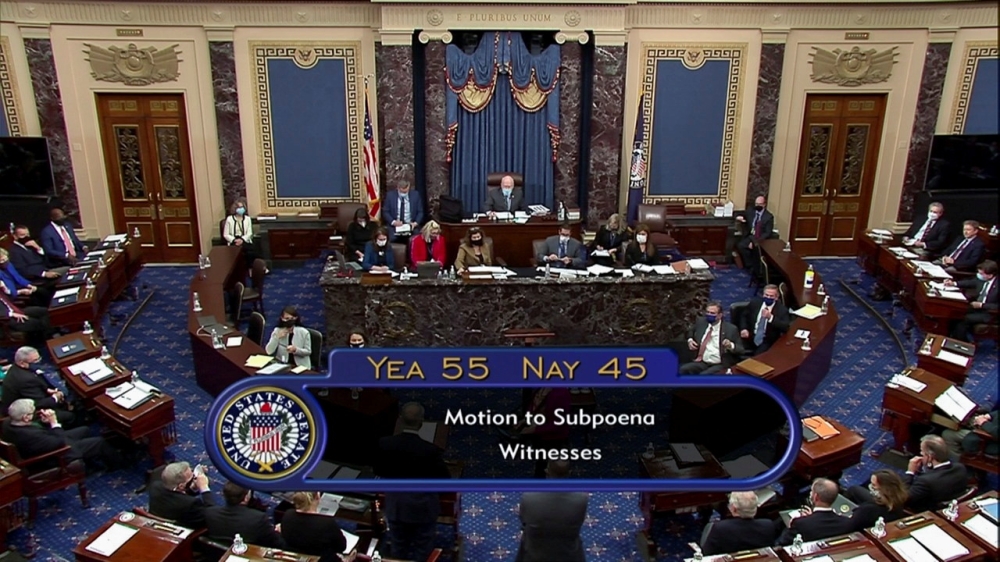 The US Senate votes 55-45 to call witnesses in the impeachment trial of former President Donald Trump on charges of inciting the deadly attack on the US Capitol, during the 5th day of the Senate trial on Capitol Hill in Washington on February 13, 2021. US
