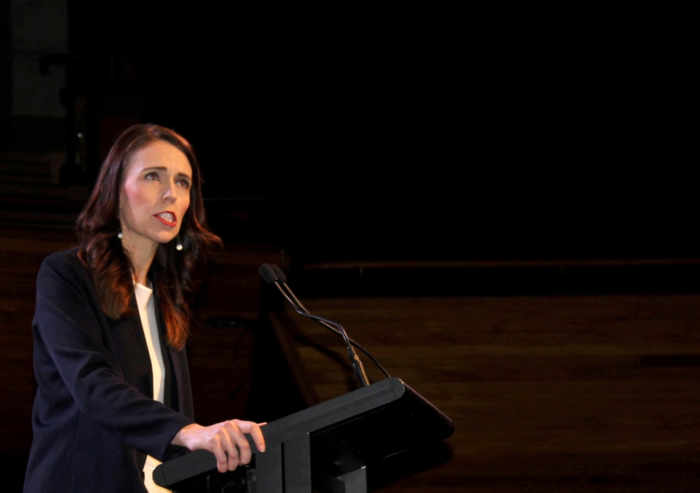 Prime Minister Jacinda Ardern addresses supporters at a Labour Party event in Wellington, New Zealand, October 11, 2020. REUTERS/Praveen Menon/File Photo