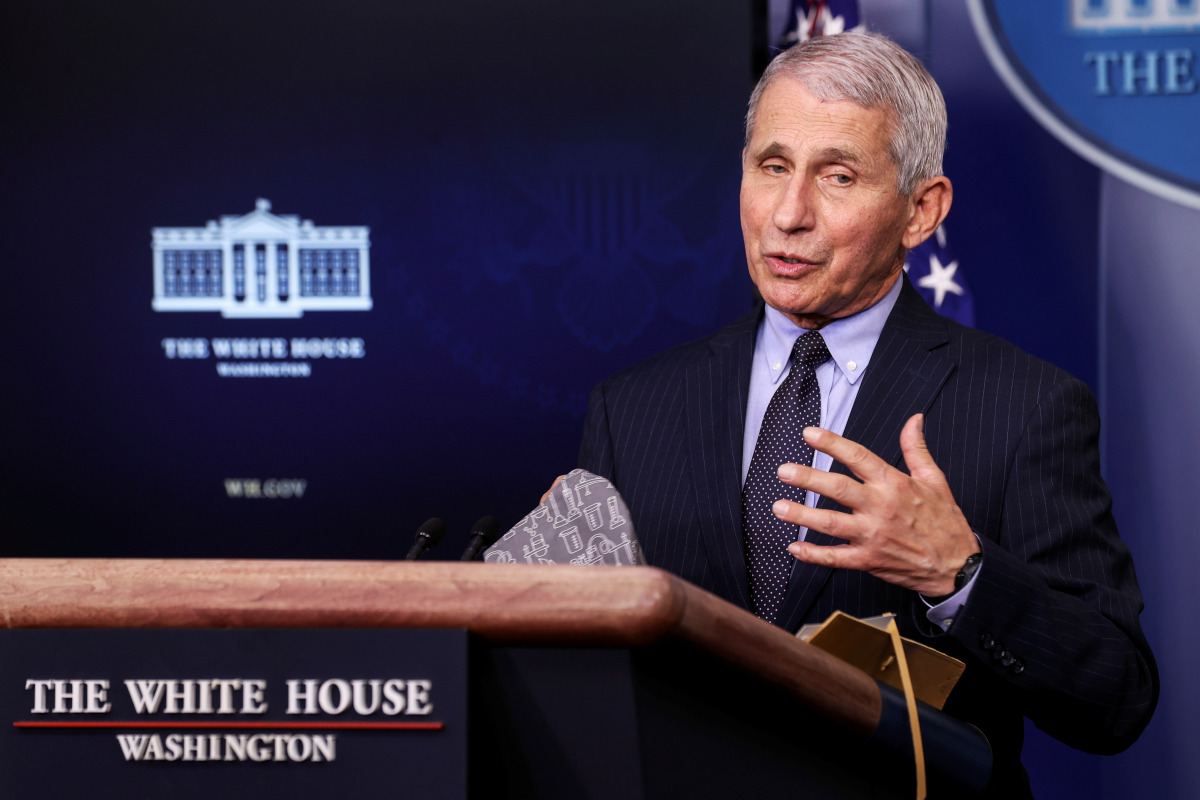 FILE PHOTO: National Institute of Allergy and Infectious Diseases Director Anthony Fauci addresses the daily press briefing at the White House in Washington, U.S. January 21, 2021. REUTERS/Jonathan Ernst/File Photo
