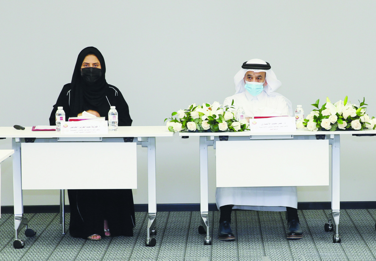 Assistant Undersecretary for Educational Affairs at the Ministry of Education, Fawzia Abdulaziz Al Khater; and Vice-President for Academic Affairs at Qatar University, Dr. Omar Al Ansari chairing the meeting, yesterday. 
