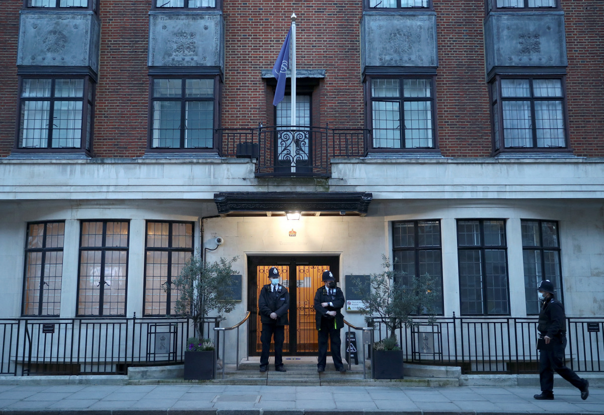 Police officers stand outside King Edward VII's Hospital, where Britain's Prince Philip was admitted, in London, Britain, February 23, 2021. REUTERS/Hannah McKay
