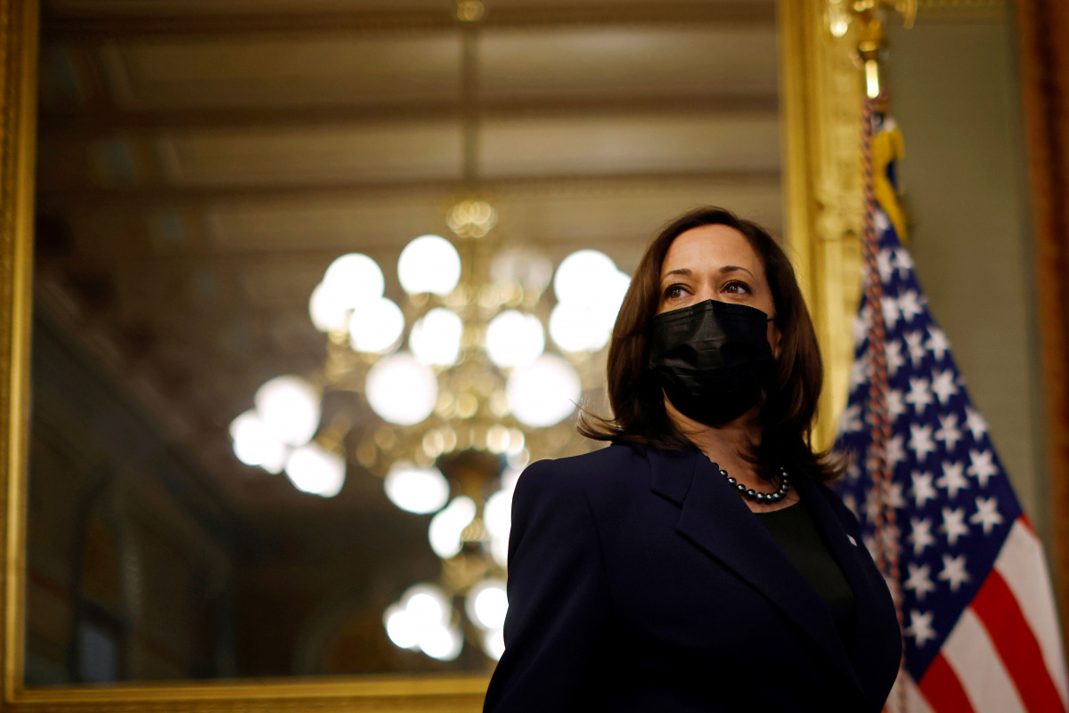 FILE PHOTO: U.S. Vice President Kamala Harris arrives to hold a ceremonial swearing-in for Veterans Affairs (VA) Secretary Denis McDonough (not pictured) at the White House in Washington, U.S., February 9, 2021. REUTERS/Carlos Barria/File Photo
