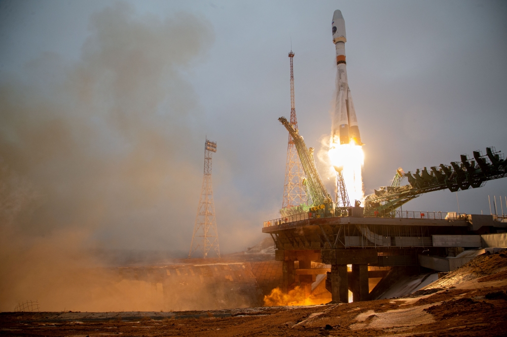 The Soyuz spacecraft with the Arktika-M satellite for monitoring the climate and environment in the Arctic, blasts off from the launchpad at the Baikonur Cosmodrome, Kazakhstan February 28, 2021. 