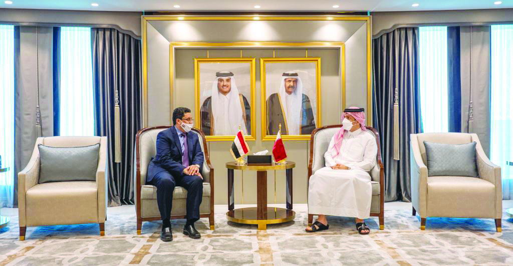Deputy Prime Minister and Minister of Foreign Affairs H E Sheikh Mohammed bin Abdulrahman Al Thani with Minister of Foreign Affairs and Expatriate of the Republic of Yemen, H E Ahmad Awad bin Mubarak, in Doha yesterday.
