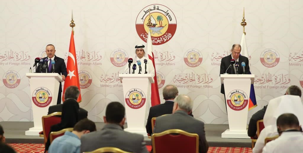 Deputy Prime Minister and Minister of Foreign Affairs, H E Sheikh Mohammed bin Abdulrahman Al Thani; Turkish Foreign Minister H E Mevlut Cavusogl (left), and Russia’s Foreign Minister H E Sergey Lavrov address a joint press conference in Doha, yesterday