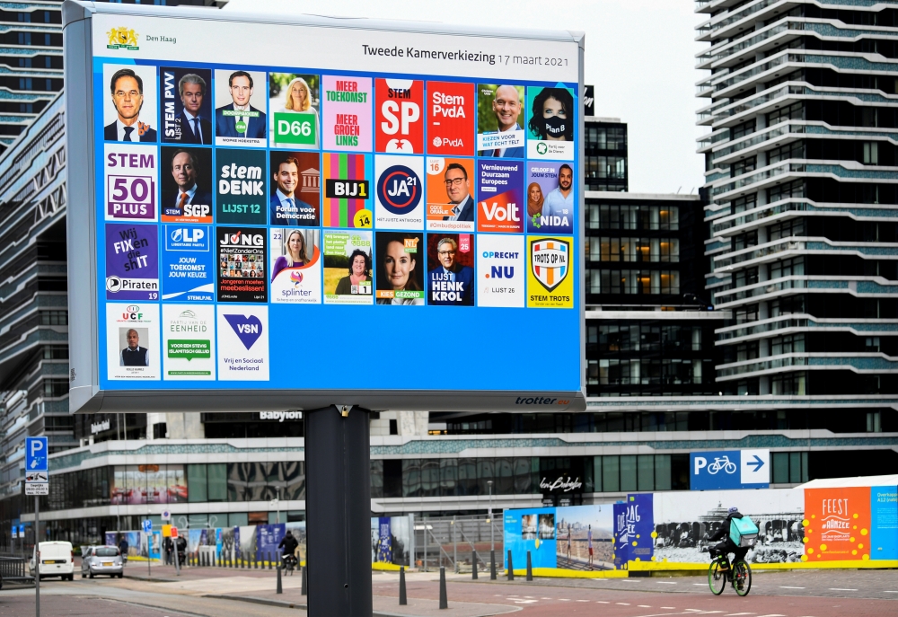 An election sign is seen in The Hague, Netherlands March 9, 2021. Picture taken March 9, 2021. REUTERS/Piroschka van de Wouw