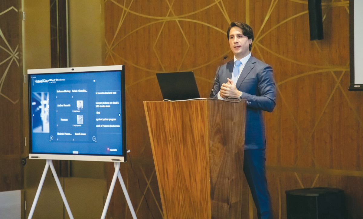 Omar Akar, Managing Director and VP of Cloud and AI Business Group at Huawei Middle East speaking during the event.
