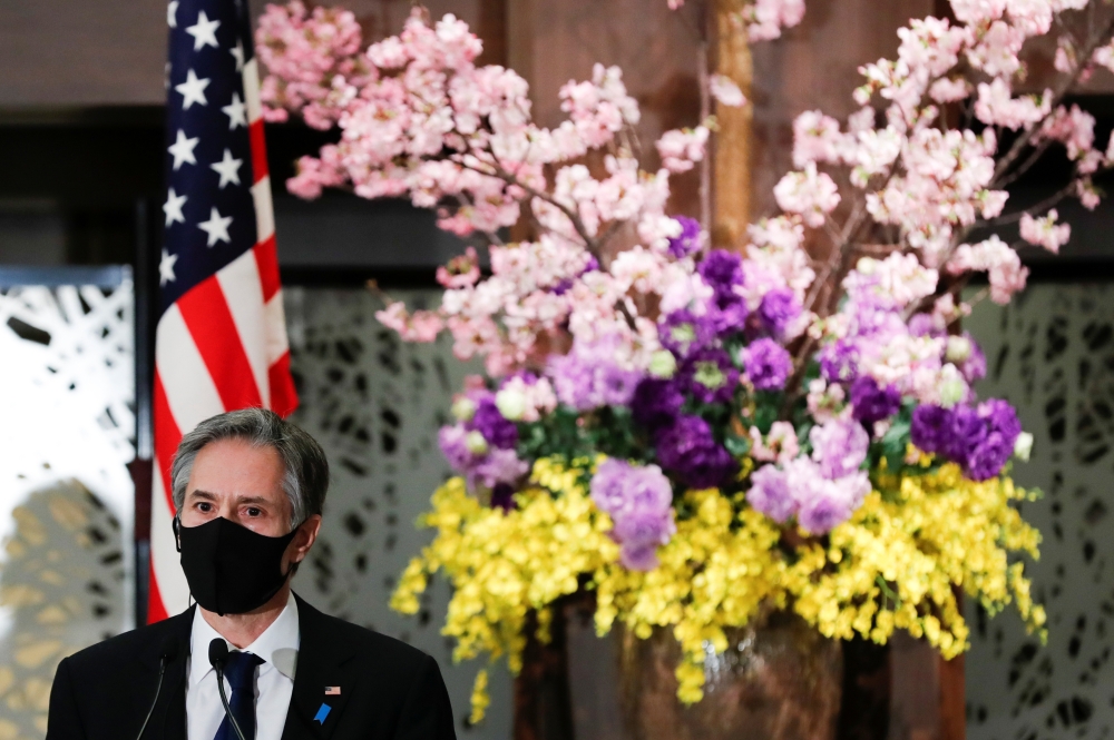 U.S. Secretary of State Antony Blinken attends a joint news conference after the 2+2 Meeting with Defense Secretary Lloyd Austin, Japan's Foreign Minister Toshimitsu Motegi and Defence Minister Nobuo Kishi at Iikura Guest House in Tokyo, Japan, March 16, 