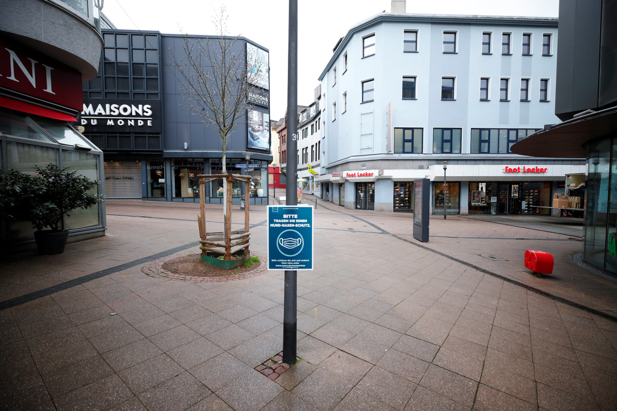 Picture shows the abandoned main shopping area due to the coronavirus disease (COVID-19) pandemic lockdown in downtown Essen, Germany, March 11, 2021. Picture taken on March 11, 2021. REUTERS/Wolfgang Rattay
