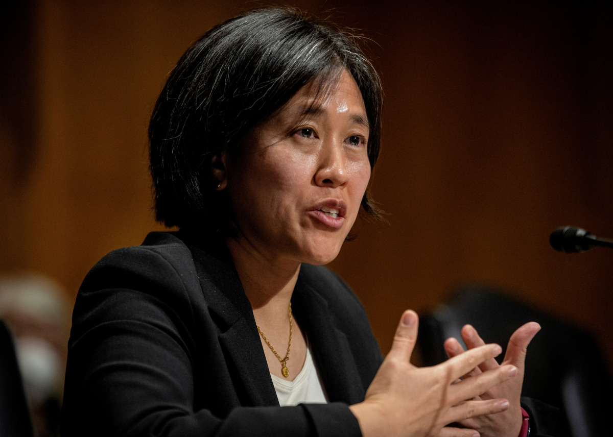 FILE PHOTO: Katherine C. Tai addresses the Senate Finance committee hearings to examine her nomination to be United States Trade Representative, with the rank of Ambassador, in Washington, DC February 25, 2021. Bill O'Leary/Pool via REUTERS/File Photo

