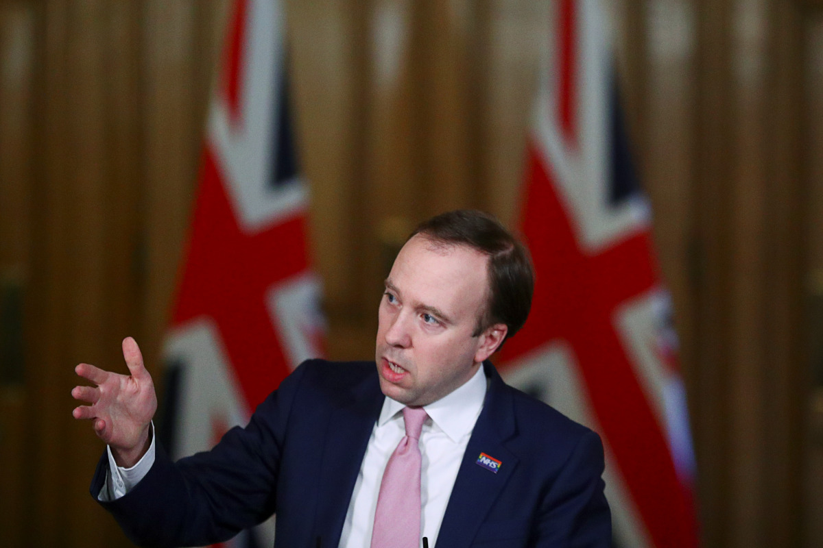 Britain's Health Secretary Matt Hancock holds a news conference at 10 Downing Street, amid the coronavirus disease (COVID-19) outbreak, in London, Britain March 17, 2021. REUTERS/Hannah McKay/Pool
