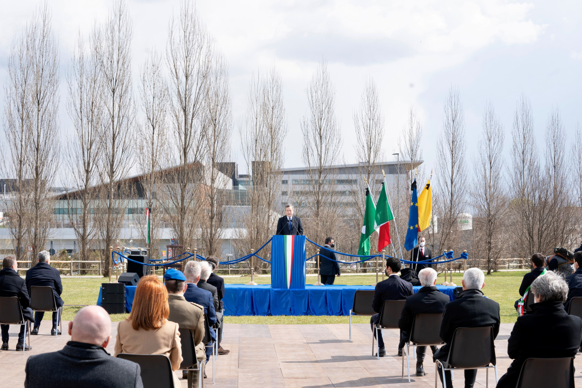 Italian Prime Minister Mario Draghi speaks during a ceremony to honour victims of the coronavirus disease (COVID-19), as Italy holds its first National Day in memory of victims, in Bergamo, Italy, March 18, 2021. Filippo Attili/Palazzo Chigi Press Office/