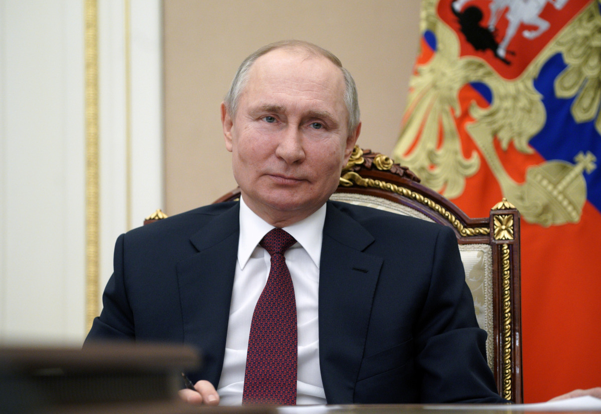 Russian President Vladimir Putin takes part in a meeting with community representatives and residents of Crimea and Sevastopol via a video link in Moscow, Russia March 18, 2021. Sputnik/Alexei Druzhinin/Kremlin via REUTERS