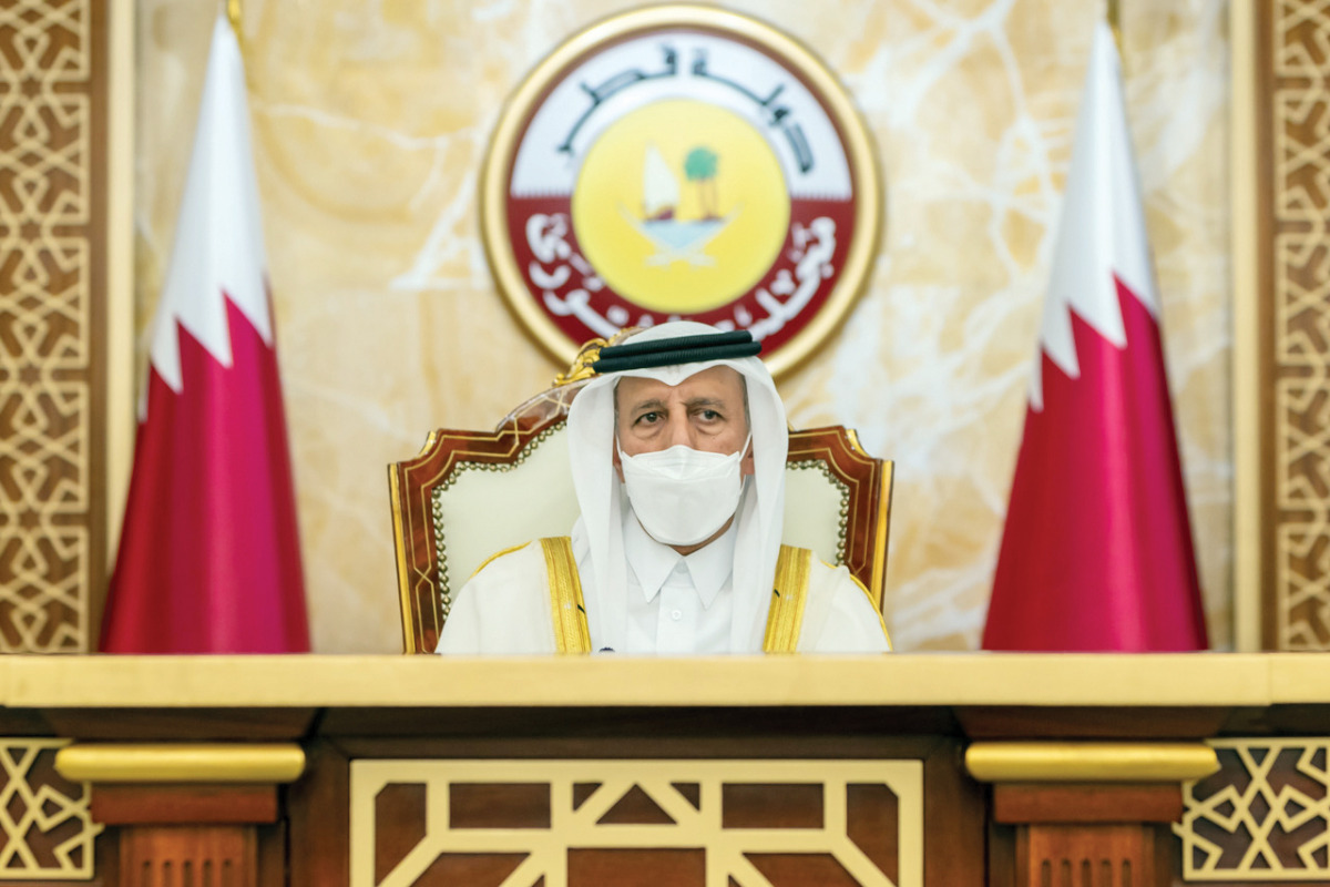 Speaker H E Ahmed bin Abdullah bin Zaid Al Mahmoud chairing the Shura Council's weekly meeting via video conference, yesterday.