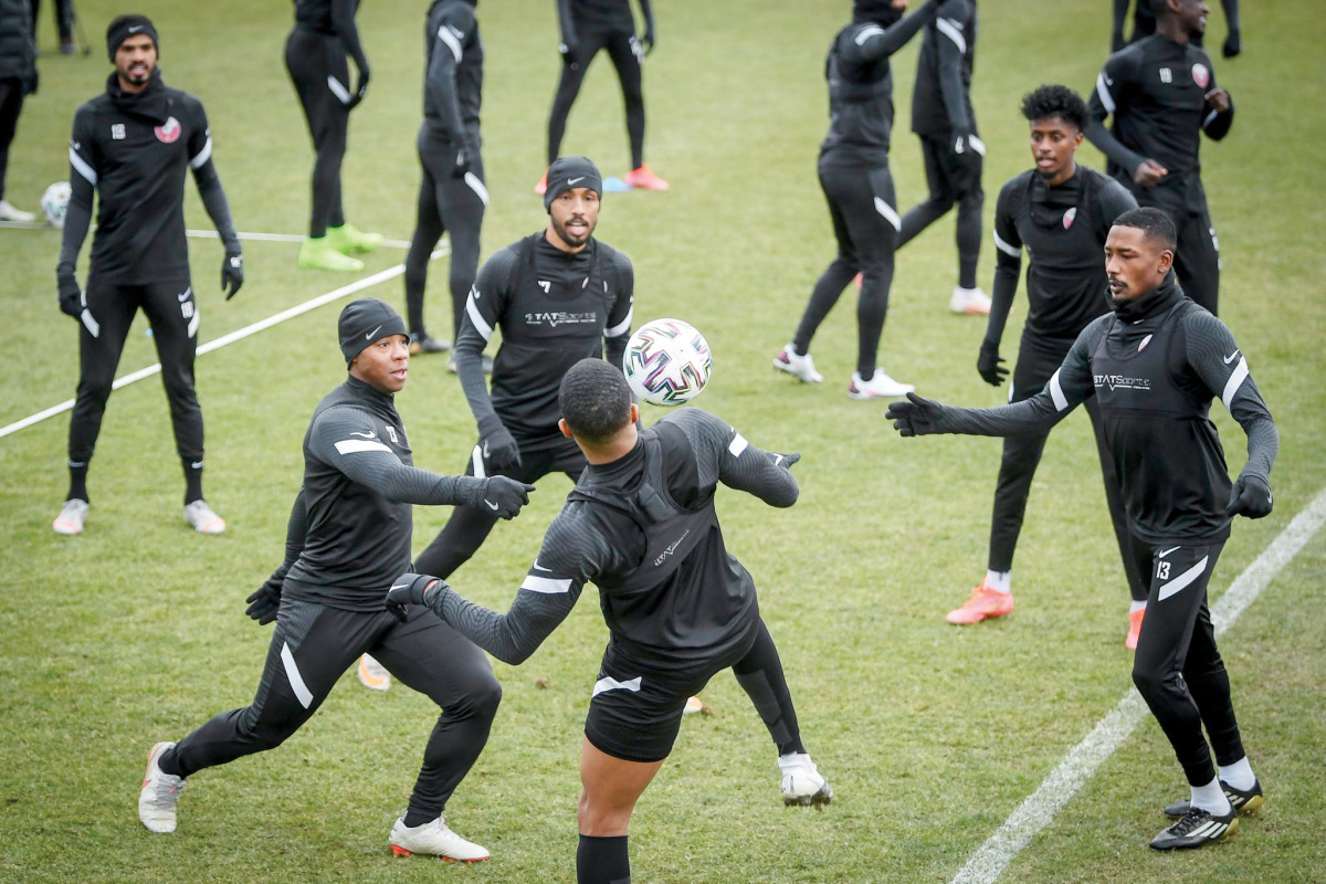 Qatar players take part in a training session in Debrecen, Hungary, yesterday as they gear up for today's 2022 FIFA World Cup European qualifier against Luxembourg.  