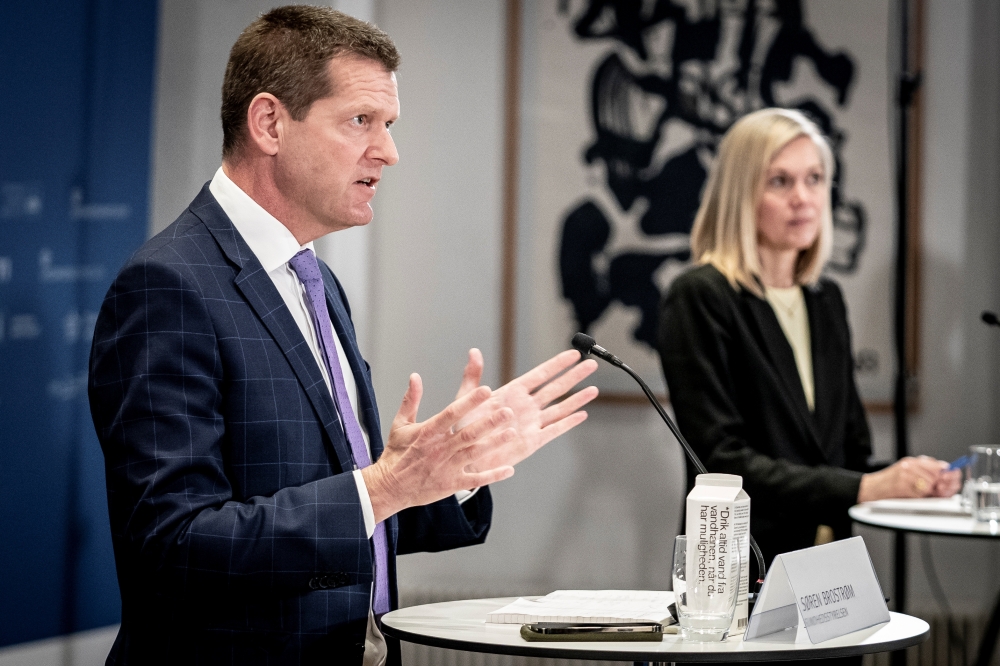 Soeren Brostroem, director of the National Board of Health, and Tanja Erichsen of the Danish Medicines Agency attend a media briefing on the future use of the AstraZeneca COVID-19 vaccine, in Copenhagen, Denmark March 25, 2021. Mads Claus Rasmussen/Ritzau