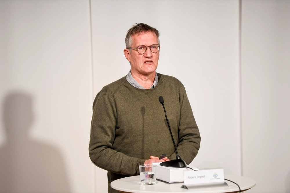 State epidemiologist Anders Tegnell of the Public Health Agency of Sweden takes part in a digital news conference updating on the coronavirus disease (COVID-19) pandemic situation, in Stockholm, Sweden March 11, 2021. Fredrik Sandberg / TT News Agency/via