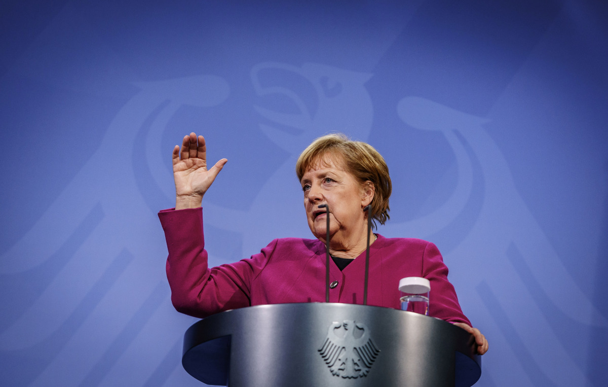 German Chancellor Angela Merkel gives a statement after video conference of EU leaders at the Chancellery in Berlin, Germany, March 25, 2021. Michael Kappeler/Pool via REUTERS
