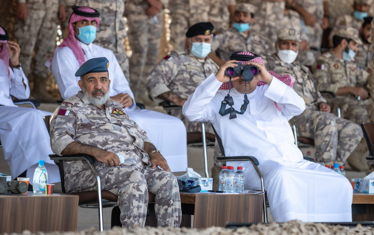 Deputy Prime Minister and Minister of State for Defence Affairs H E Dr. Khalid bin Mohammed Al Attiyah, and Chief of Staff of Qatari Armed Forces H E Lieutenant General (Pilot) Ghanem bin Shaheen Al Ghanim at the conclusion of the Al Adheed military exerc