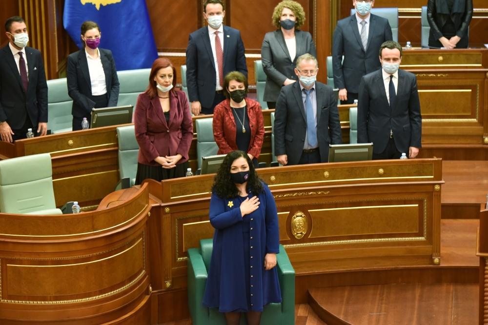 The newly elected Kosovo President Vjosa Osmani reacts during swearing-in ceremony at Parliament in Pristina, Kosovo April 4, 2021. REUTERS/Laura Hasani
