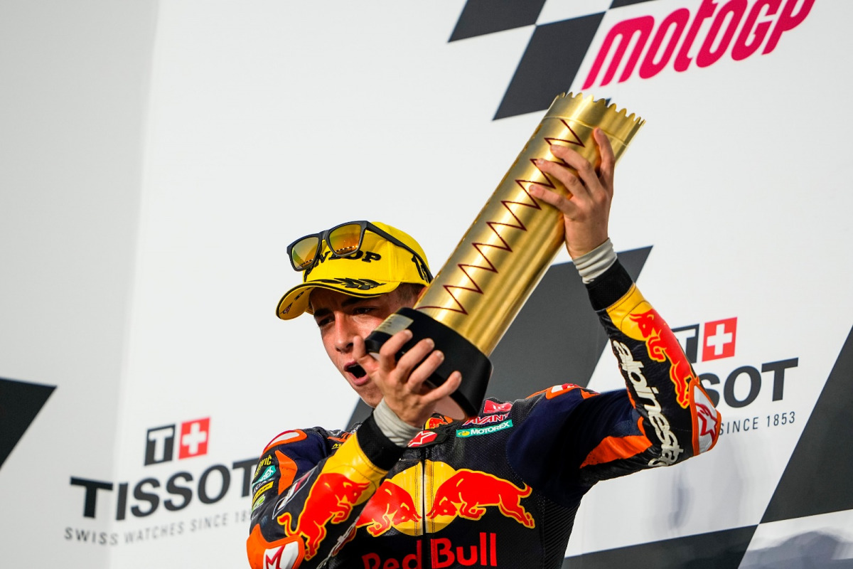 Spanish rider Pedro Acosta of Red Bull KTM Ajo celebrates on the podium after winning the Moto3 race of Tissot Grand Prix of Doha at Losail International Circuit yesterday.