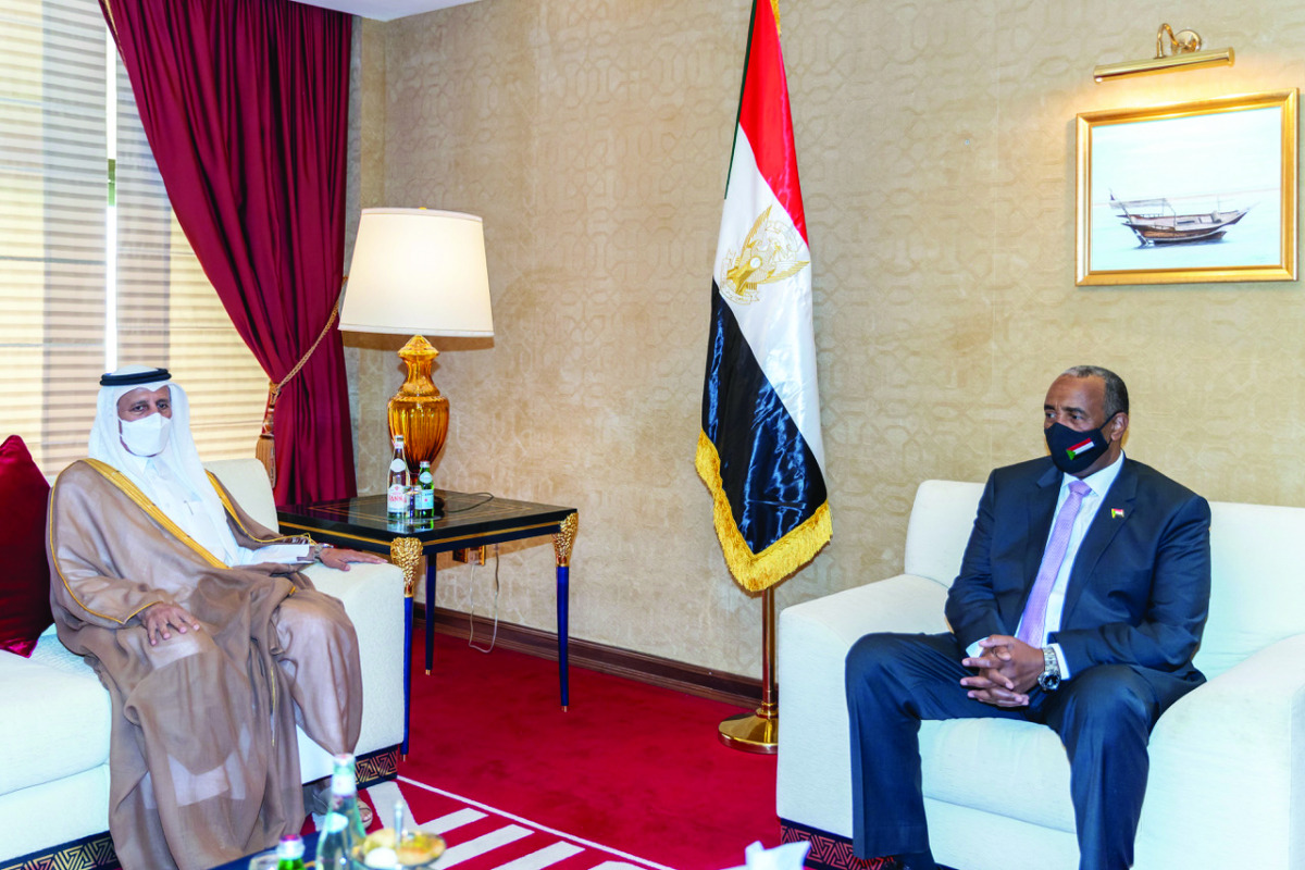 Speaker of the Shura Council H E Ahmed bin Abdullah bin Zaid Al Mahmoud with Chairman of the Transitional Sovereignty Council of the Republic of Sudan, H E Lieutenant General Abdel Fattah Al Burhan, yesterday.