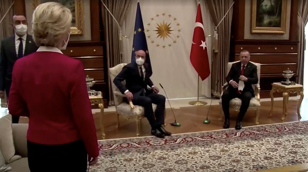 European Commission President Ursula von der Leyen stands as European Council President Charles Michel and Turkish President Tayyip Erdogan take seats in Ankara, Turkey April 6, 2021, in this screengrab obtained by Reuters. European Union/via Reuters TV 
