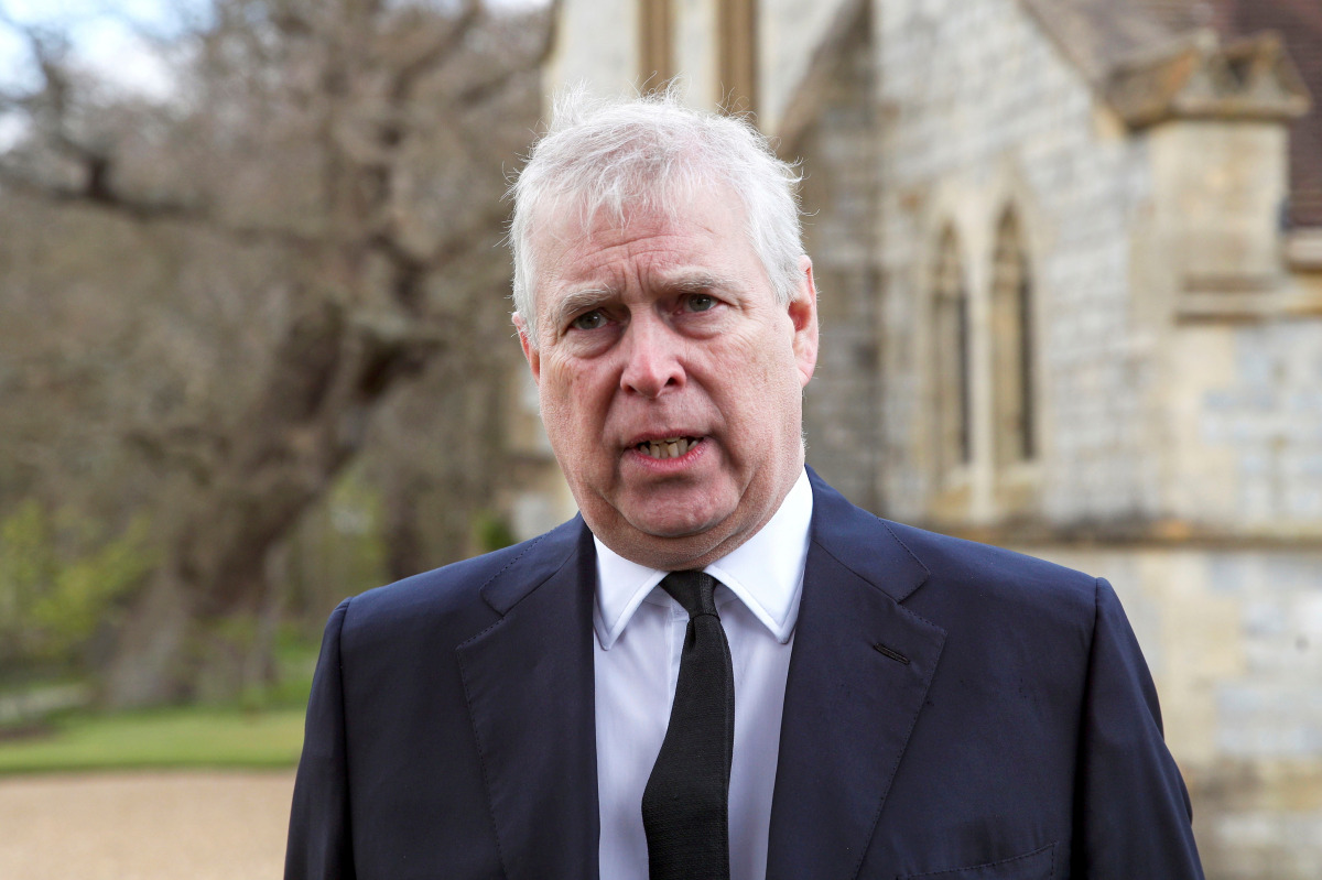 Britain's Prince Andrew speaks to the media during Sunday service at the Royal Chapel of All Saints at Windsor Great Park, Britain following Friday's death of his father Prince Philip at age 99, April 11, 2021. Steve Parsons/PA Wire/Pool via REUTERS