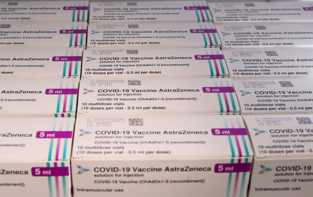 FILE PHOTO: Boxes of AstraZeneca COVID-19 vaccine are seen at a vaccination center, amid the coronavirus disease outbreak, in Ronquieres, Belgium April 6, 2021. REUTERS/Yves Herman/File Photo
