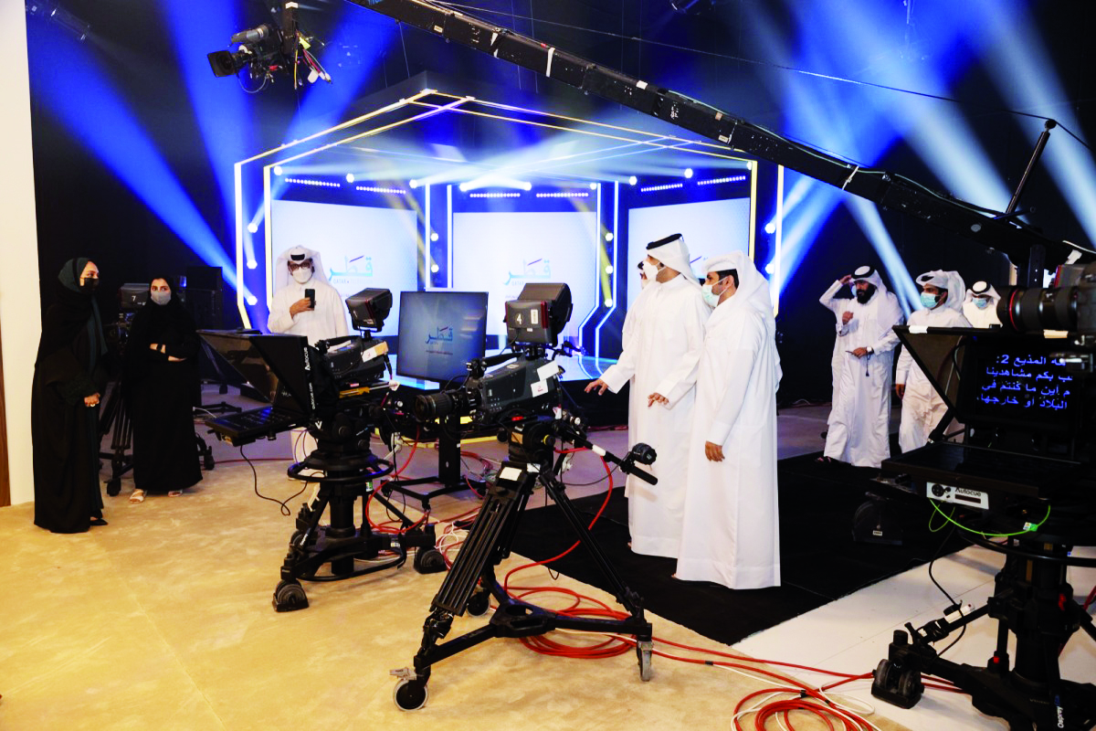 Chief Executive Officer of Qatar Media Corporation H E Sheikh Abdulrahman bin Hamad Al Thani during the inauguration of the Jassim Abdulaziz studios.