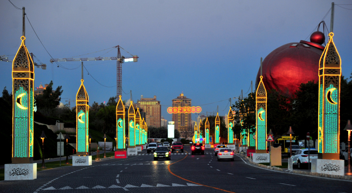 Streets and roundabouts in Katara illuminated for Ramadan. Photo by Abdul Basit / The Peninsula