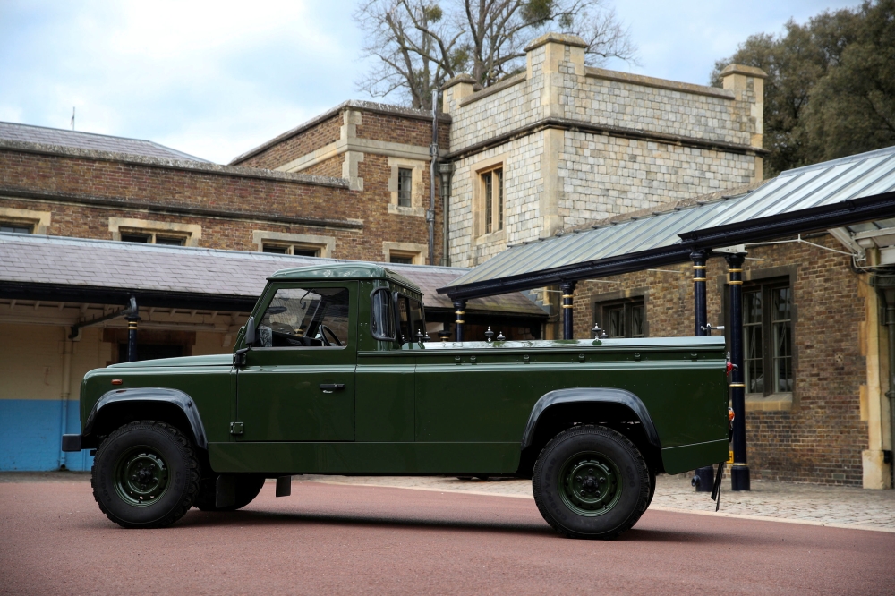 The Jaguar Land Rover that will be used to transport the coffin of Britain's Prince Philip at his funeral on April 17, 2021, is seen at Windsor Castle, Berkshire, Britain. Steve Parsons/Pool via REUTERS