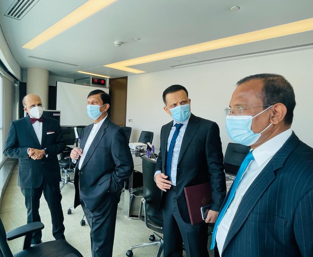 Sri Lanka’s State Minister of Money, Capital Market, and State Enterprise Reforms H E Ajith Nivard Cabraal (second left), Deputy Governor of the Central Bank of Sri Lanka N W G R D Nanayakkara (first right), Sri Lanka’s Ambassador to Qatar H E Mohamed Maf