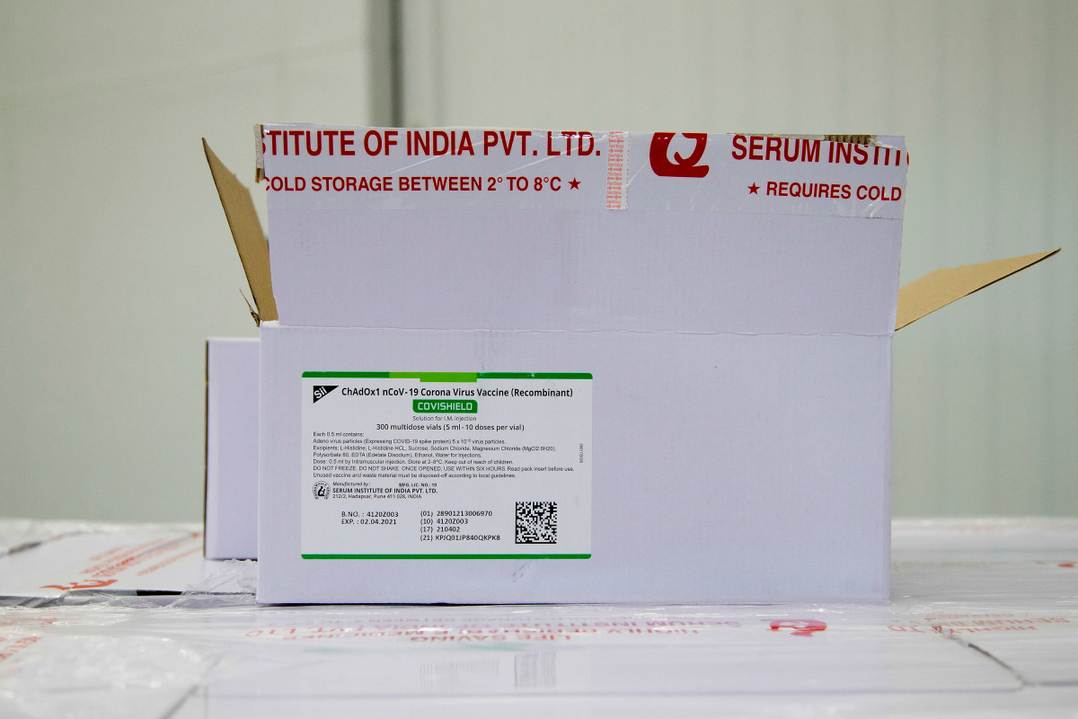 Boxes of some of the first 500,000 of the 2-million AstraZeneca coronavirus disease (COVID-19) vaccine doses that Canada has secured through a deal with the Serum Institute of India in partnership with Verity Pharma at a facility in Milton, Ontario, Canad