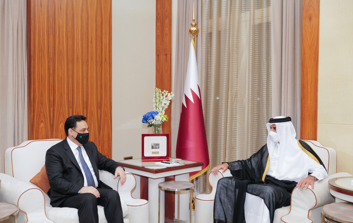 Amir H H Sheikh Tamim bin Hamad Al Thani with Caretaker Prime Minister of the Lebanese Republic HE Dr. Hassan Diab at Al Bahr Palace, yesterday.