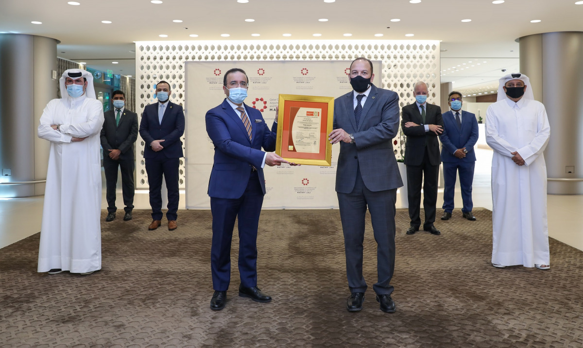 Suhail Kamil Kadri, Senior Vice-President (Technology and Innovation) at HIA, receiving the ISO certificate from Hossam Refaey, Country Chief Executive of Bureau Veritas, during a ceremony held at HIA. 