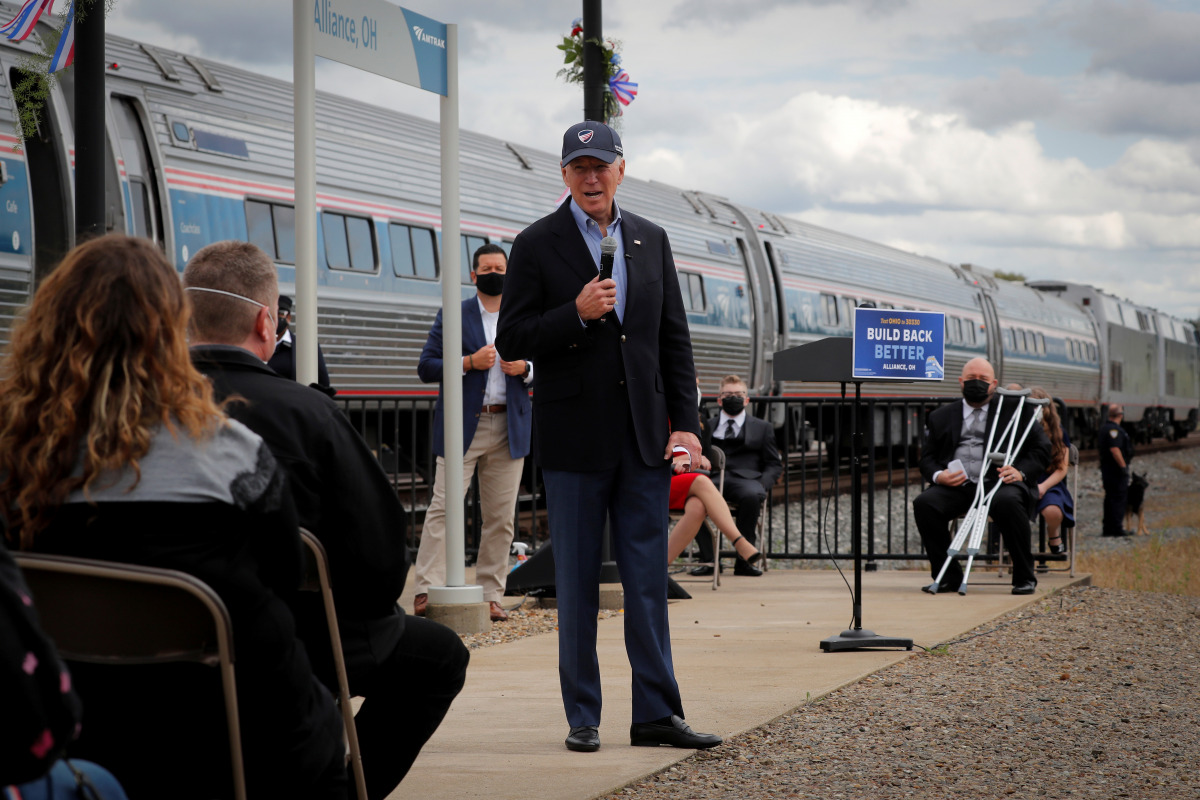 FILE PHOTO: Joe Biden, then U.S. Democratic presidential candidate, speaks to supporters after arriving on an Amtrak train for a campaign stop in Alliance, Ohio, U.S., September 30, 2020. REUTERS/Mike Segar/File Photo
