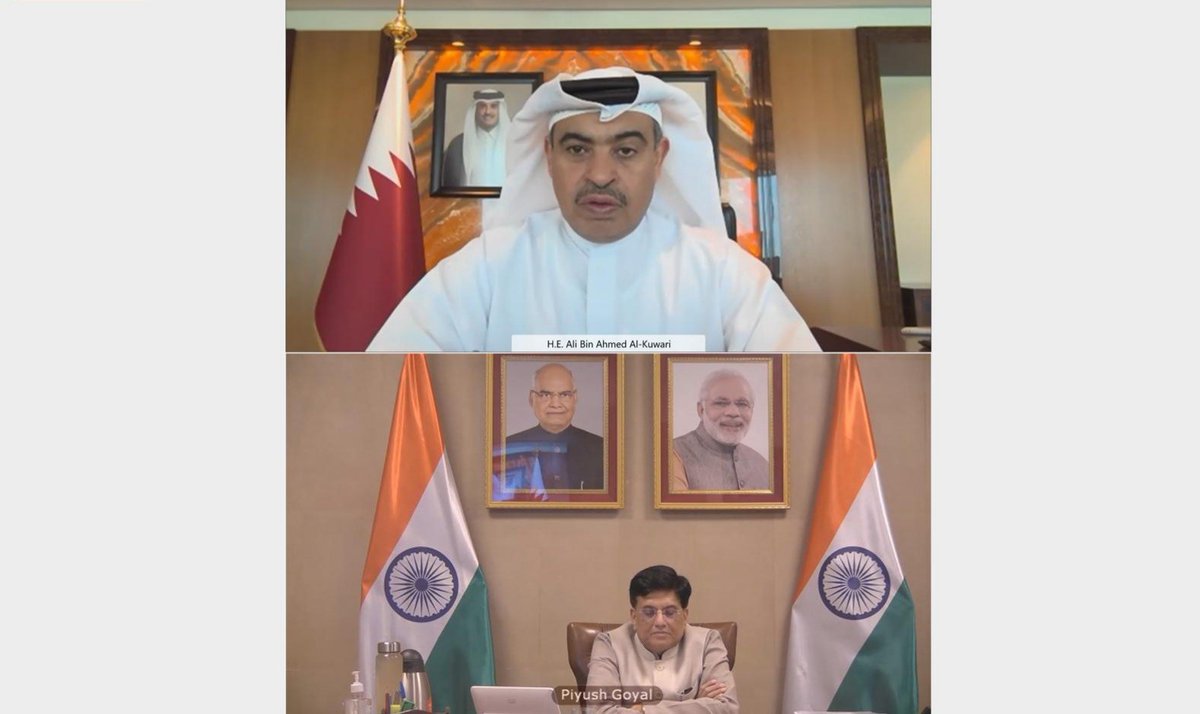 Minister of Commerce and Industry H E Ali bin Ahmed Al Kuwari
during a video conference meeting with Minister of Commerce and
Industry of the Republic of India, H E Piyush Goyal.