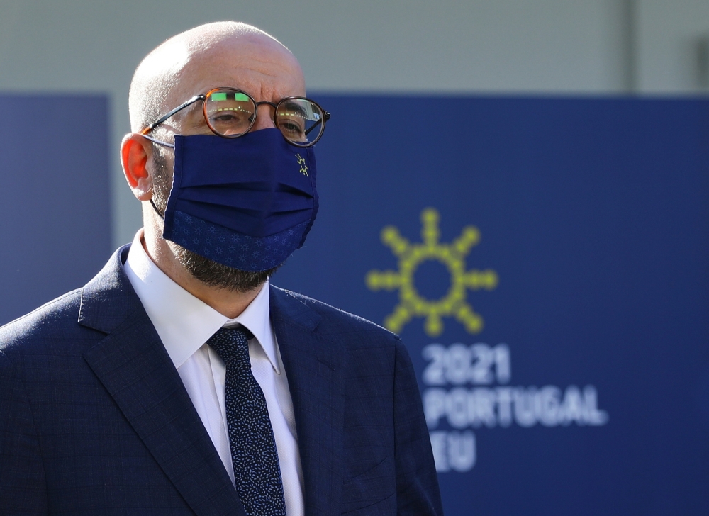 European Council President Charles Michel speaks to the press as he arrives at the Palacio de Cristal for an informal meeting in the framework of the European Social Summit in Porto, Portugal, May 8, 2021. Reuters/Violeta Santos Moura/Pool