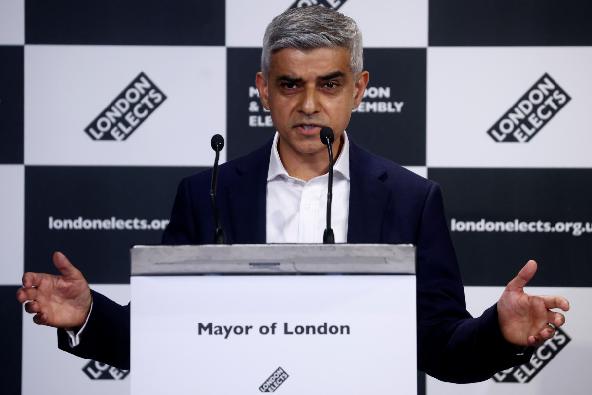 Mayor of London Sadiq Khan speaks after being re-elected in the London mayoral election, at the City Hall in London, Britain, May 8, 2021. REUTERS/Henry Nicholls
