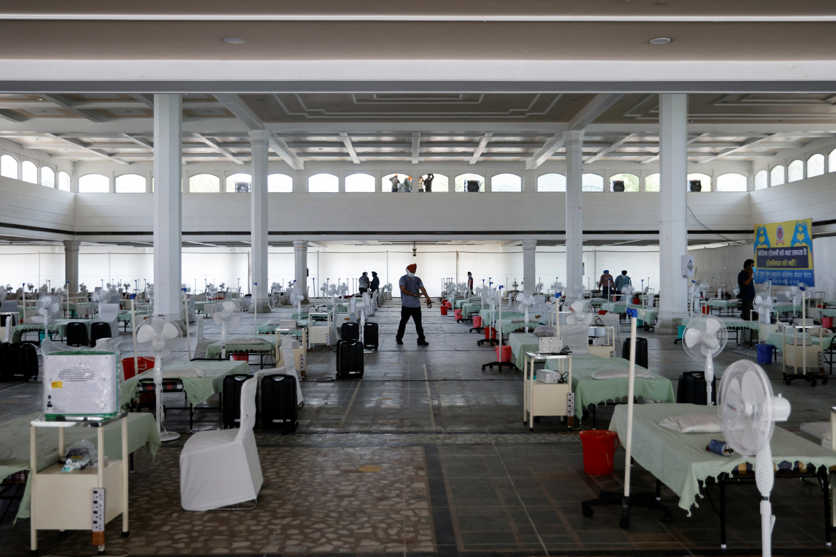 Beds are seen inside a Gurudwara (Sikh Temple) converted into a coronavirus disease (COVID-19) care facility amidst the spread of the COVID-19 in New Delhi, India May 5, 2021. REUTERS/Adnan Abidi
