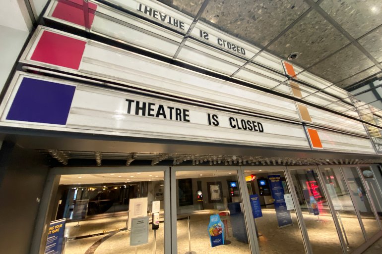 A movie theatre owned by Famous Players, a subsidiary of Cineplex Entertainment, remains closed due to coronavirus disease (COVID-19) restrictions in Toronto, Ontario, Canada April 6, 2021. Picture taken April 6, 2021. REUTERS/Chris Helgren
