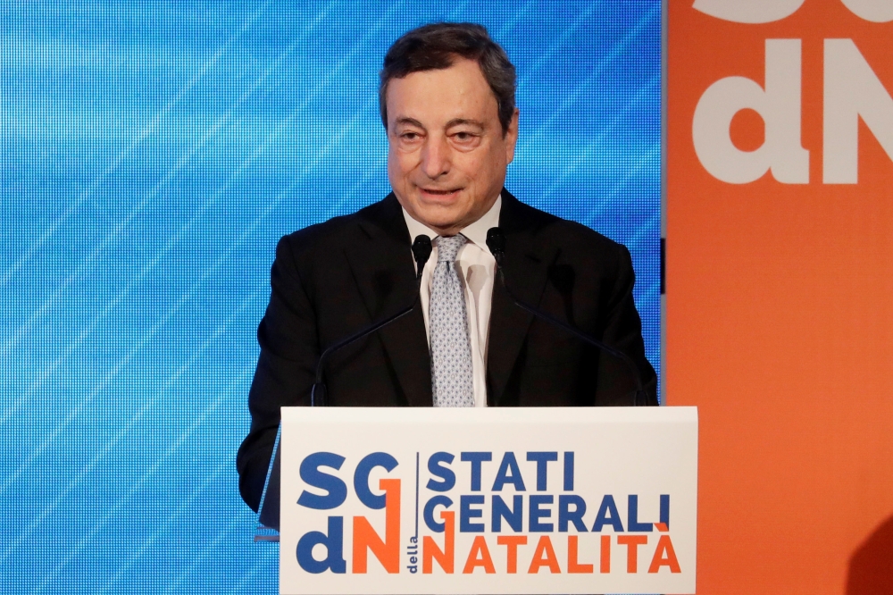 Italian Prime Minister Mario Draghi speaks at a conference on the Demographic Crisis in Rome, Italy May 14, 2021. Andrew Medichini/Pool via REUTERS