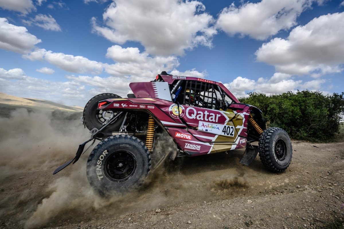Qatar’s Khalifa Saleh Al Attiyah and his French co-driver Xavier Panseri in action yesterday.