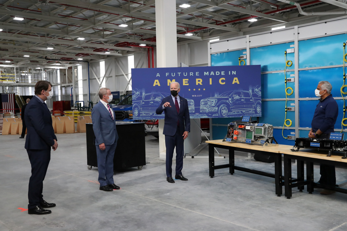 U.S. President Joe Biden talks as he tours Ford Rouge Electric Vehicle Center in Dearborn, Michigan, U.S., May 18, 2021. REUTERS/Leah Millis
