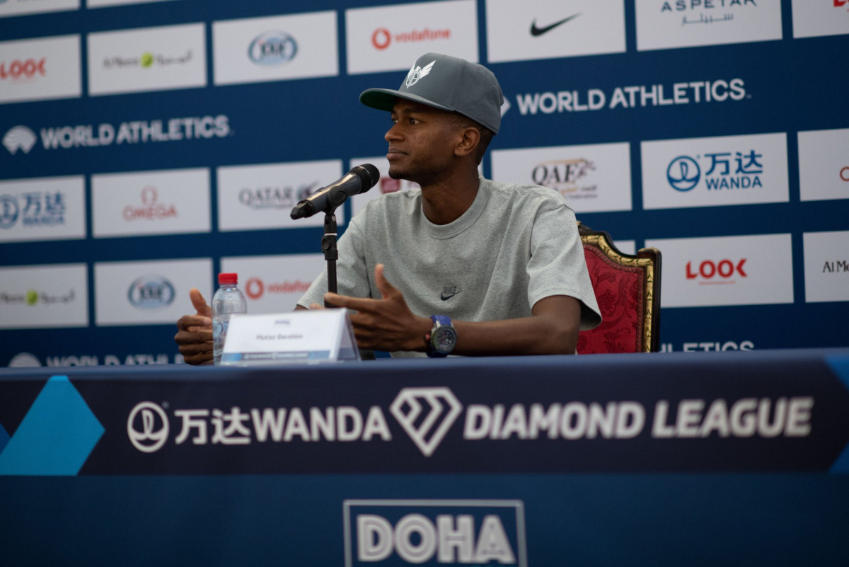 Qatar's high jump world champion Mutaz
Essa Barshim speaks during a press
conference held in Doha yesterday.